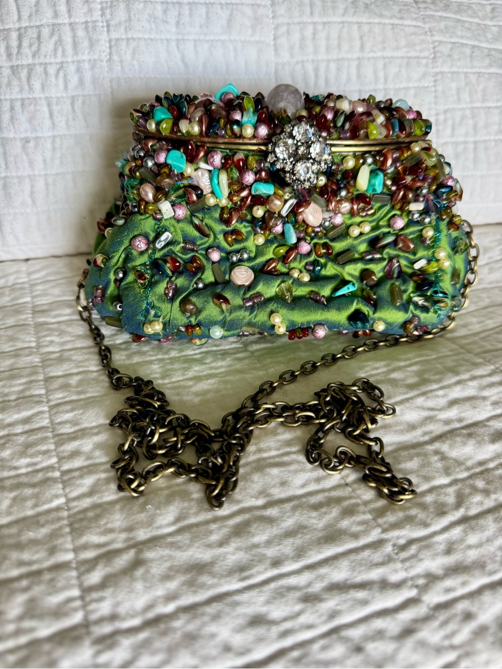 Vintage Mary Frances Beaded Green Embellished Evening Clutch with Chain